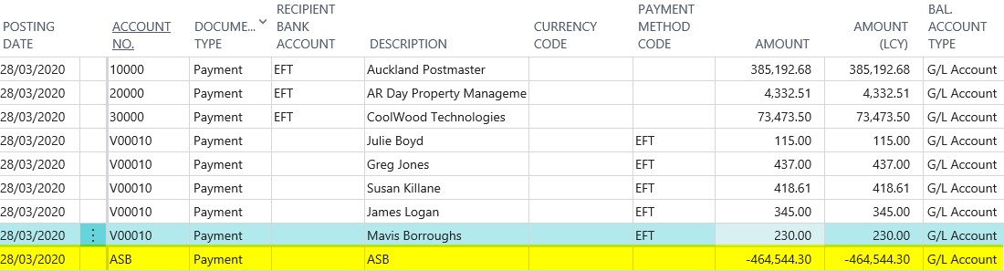 Payment lines balancing entry